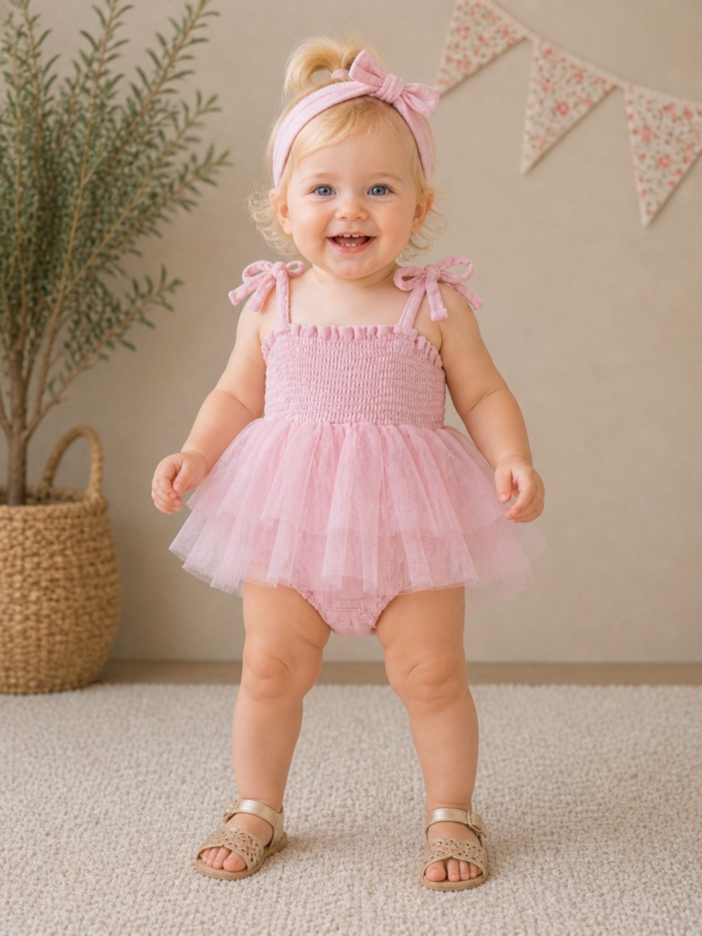 Angel Dear Pink Tulle Tutu Romper Baby Smocked Bubble Dress Outfit | Size 6-12M